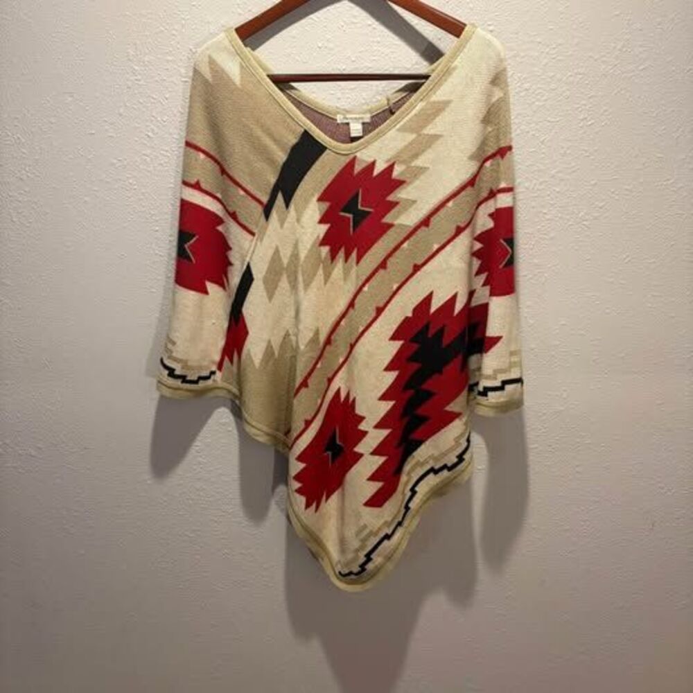 Boston Proper Southwestern Aztec Knit Poncho Sweater- Asymmetric Hem V-Neck XS/S